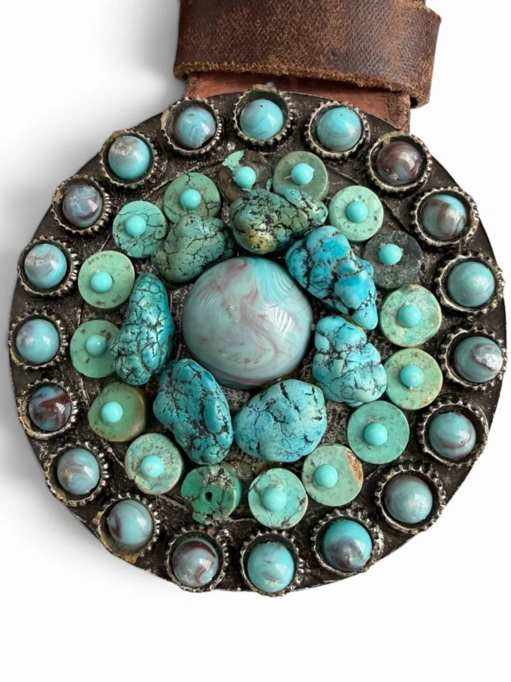 Leatherock Floral Tooled Leather Belt XL 39 Turquoise Removable Buckle Western